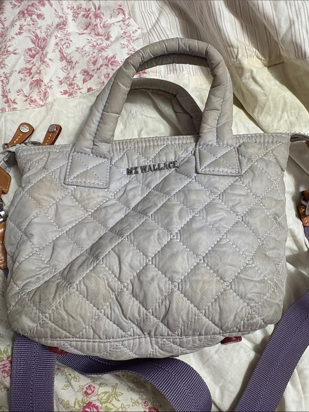 MZ Wallace Quilted Light Gray Tote with Removable Strap